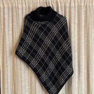 Navy and White Knit Turtleneck Poncho